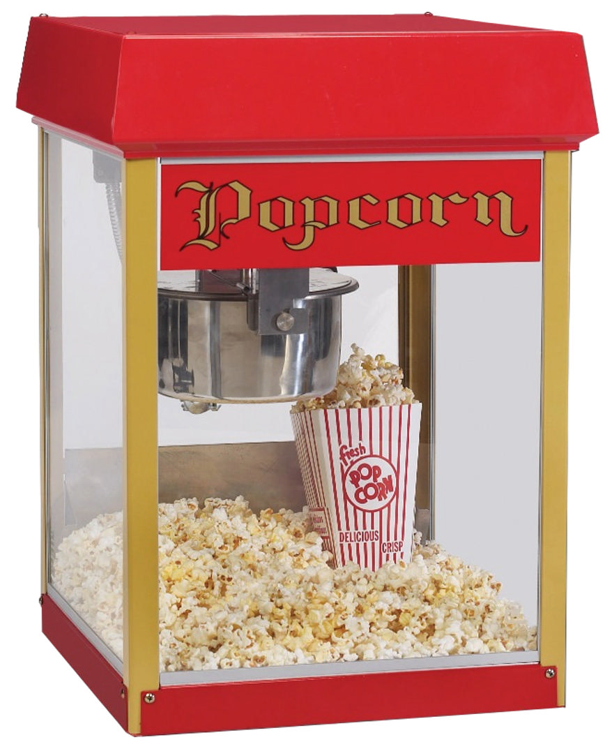 popcornmaschine mit rotem dach und nostalgischer aufschridt popcorn. im innern frisches popcorn.